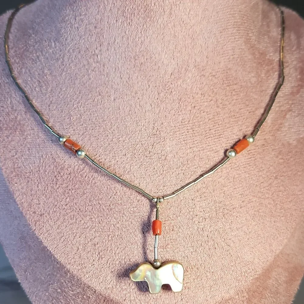 Native American Bear Mother of Pearl Coral Liquid Silver